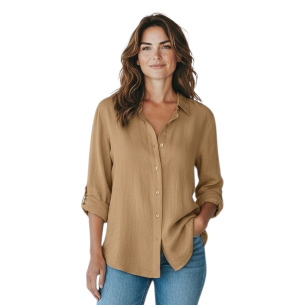 Lauren Ralph Lauren Tan 100% Linen Roll Tab Button Down Shirt Womens 2X TTG